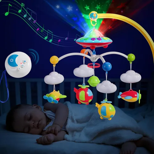 Miniatura 10 de Mini Tudou Cuna móvil musical para bebé con música y luces, función de temporizador, proyección, sonajero para llevar y caja de música para bebés