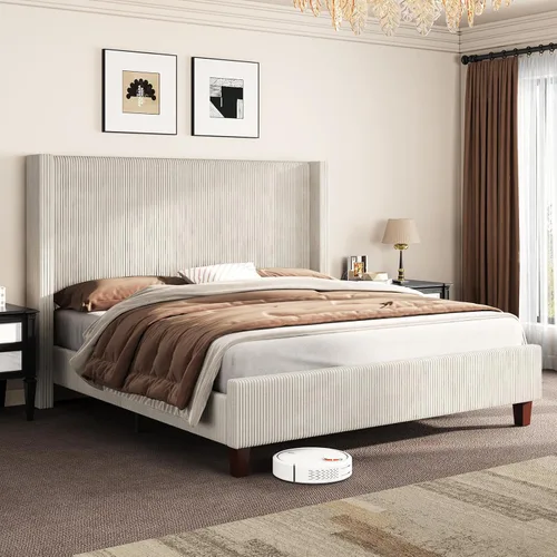 Miniatura 17 de AMERLIFE Base de cama tapizada tamaño Queen con cabecera de 50.8 pulgadas de alto, cama de plataforma con respaldo de alas con patas de madera