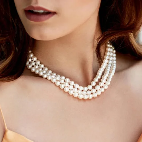 Miniatura 2 de The Pearl Source Collar de perlas cultivadas de agua dulce blancas de triple hebra para mujer de 18-19-20" de longitud matinal, Perla, Perla