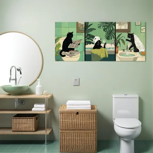 Miniatura 6 de Arte de Pared de Lienzo de Gato Negro Divertido para Baño, Lindo Estampado de Animales para Cuarto de Baño Inodoro Leyendo Periódico Humor