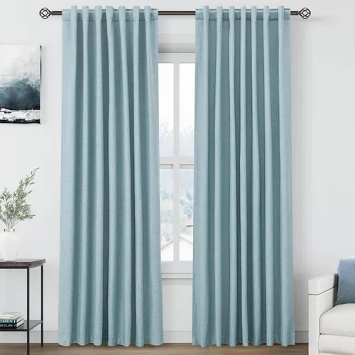 Miniatura 37 de Cortinas de lino 100% opacas para dormitorio, 102 pulgadas de largo, con pestaña trasera, bolsillo para barra, paneles acústicos con aislamiento