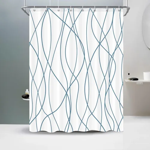 Miniatura 58 de Juego de cortinas de ducha azul egeo para baño con ganchos, cortinas de baño decorativas repelentes al agua y lavables con rayas blancas, 72 x 72