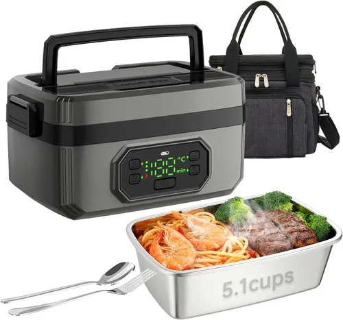 Miniatura 8 de Lonchera eléctrica inalámbrica recargable de 24000 mAh para adultos, calentador de alimentos de 1.6 L con temporizador y a prueba de fugas