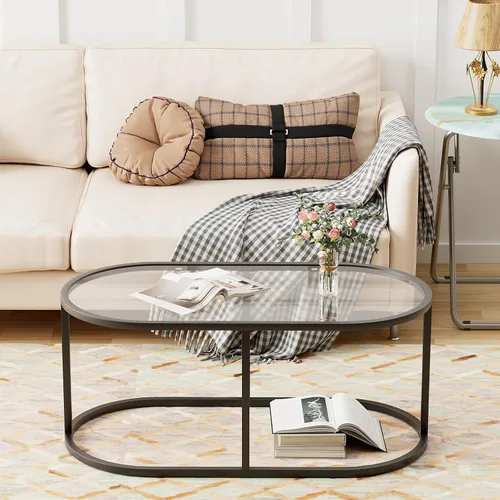 Miniatura 3 de Mesa de café Wolawu Mesas de café de vidrio negro para sala de estar, mesa de centro ovalada con marco de metal resistente, mesas de acento modernas