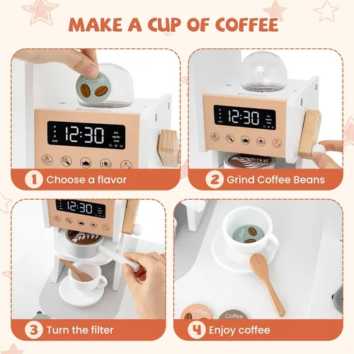 Miniatura 3 de HONEY JOY Cocina de Esquina de Juguete, Juego de Cocina de Madera para Niños Pequeños con Luces, Cafetera, Microondas, Fregadero, Grifo, Juego