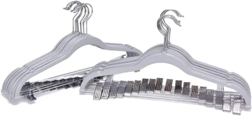 Miniatura 8 de Paquete de 20 perchas de plástico de calidad, no aterciopeladas, compactas y delgadas con clips de metal para faldas, pantalones, blusas, gancho Gris
