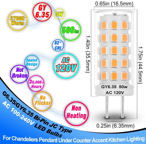 Miniatura 2 de Heifymi AC100-240V GY6.35 Bombilla LED equivalente a 5 W Halgoen JC tipo GY6.35/G6.35 base bi-pin blanco cálido 2700 K para candelabros, colgante