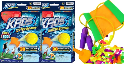 KAOS Slingshot lanzador de globos de agua para niños con 30 globos de agua de colores y 1 relleno por juego. Tirachinas de globos de agua de largo