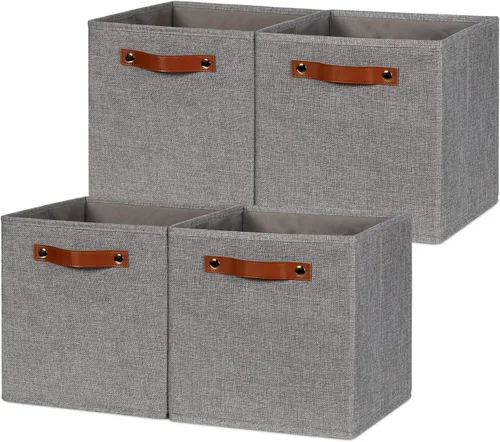 Miniatura 15 de HNZIGE Juego de 4 cubos de almacenamiento de tela, organizadores plegables para estantes, hogar, cubos decorativos para el hogar, juguetes, armario