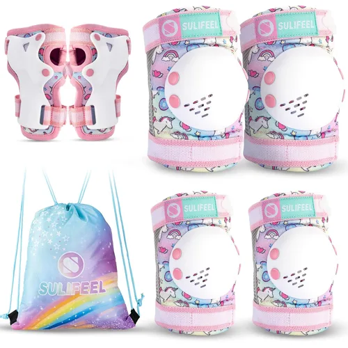 Miniatura 9 de SULIFEEL Rodilleras de Unicornio Arcoíris para Niños Rodilleras Coderas Muñequeras con Bolsa con Cordón Equipo de Protección Ajustable para Niñas