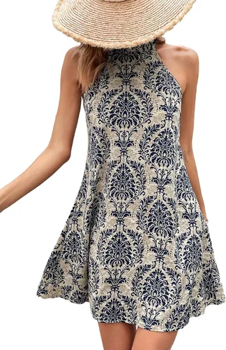 Miniatura 6 de WDIRARA Vestido de mujer con estampado bohemio, dobladillo acampanado, sin mangas, con lazo en la espalda, con cinturón