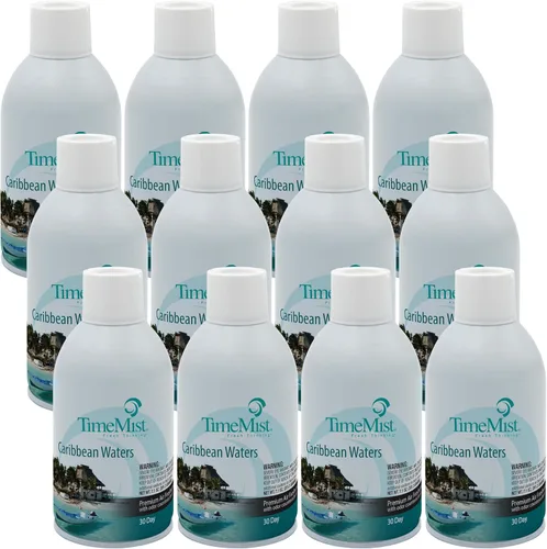 TimeMist Recambios de ambientador medido prémium – Caribbean Waters – 7.1 onzas (caja de 12) 1042756 – Dura hasta 30 días y neutraliza olores
