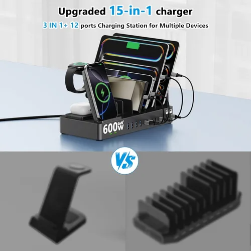 Miniatura 3 de Estación de carga de 600 W para múltiples dispositivos, estación de carga inalámbrica 15 en 1 para Apple, estación de carga dual USB C de 100 W