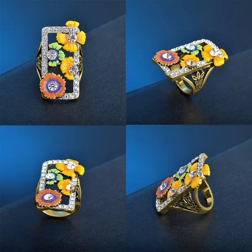 Miniatura 2 de Anillo ancho de resina esmaltada rectangular grande, anillo grueso floral de dedo completo, chapado en oro de 14 quilates, cuadrado grande, cóctel