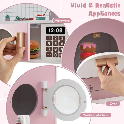 Miniatura 3 de HONEY JOY Juego de cocina, juego de cocina grande de madera para niños pequeños y cafetera, microondas, lavadora, fregadero, utensilios de cocina