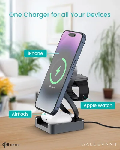 Miniatura 2 de Soporte de cargador inalámbrico 3-1, compatible con inalámbricos. Certificado Qi2, plegable de 15 W, compatible con iPhone 16/15/14, Apple Watch
