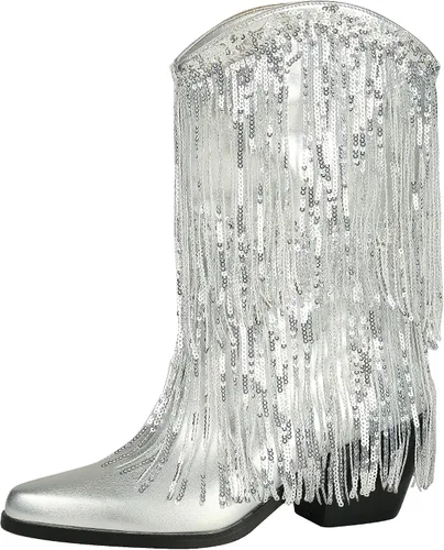 HiColor Botines de tacón grueso para mujer con borlas negras y lentejuelas decoradas botas de moda