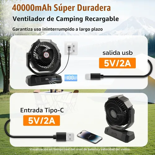 Miniatura 5 de Sireck Ventilador de campamento alimentado por batería de 40000 mAh, ventilador personal portátil de 12 pulgadas con control remoto, linterna LED, 6