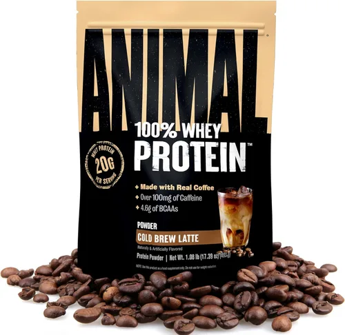 Animal - Proteína 100 % de suero en polvo sabor café helado instantáneo – café real para pre-entrenamiento, mezcla de suero post-entreno con 20g de