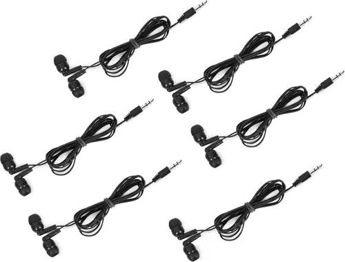 Miniatura 3 de Paquete de 100 auriculares a granel para el aula con cable en el oído, desechables para estudiantes, negros envueltos individualmente para viajes