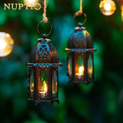 Miniatura 4 de NUPTIO Portavelas colgantes, 6 unidades, farol, centro de mesa, de cristal, hexagonal, marroquí, portavelas, color negro