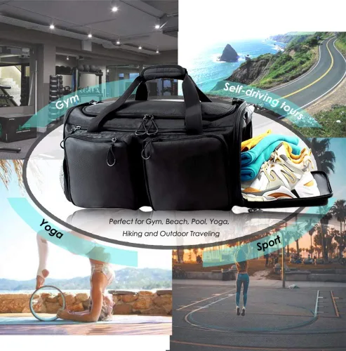 Miniatura 7 de Bolsa de lona para hombre, ultraligera, plegable, bolsa de lona para gimnasio, compartimento para zapatos de 40 litros y bolsillo húmedo, transporte