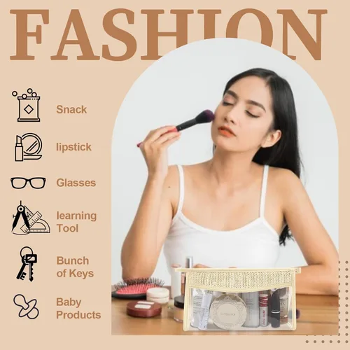 Miniatura 5 de Pequeñas bolsas de maquillaje transparentes de paja bohemia para mujeres y niñas, bolsa de cosméticos con cremallera de chenilla, bolsa de parche