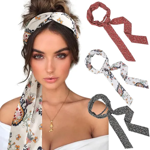 Miniatura 14 de AWAYTR Diademas de gasa con trenzado largo para mujer - 3 unidades, envolturas cruzadas para cabello grueso (Negro+Beige+Jaque)