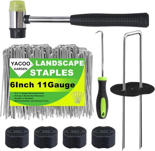 Juego de grapas de paisaje de 6 pulgadas, estacas de jardín galvanizadas en forma de U de calibre 11 (paquete de 100) con juntas, herramienta de