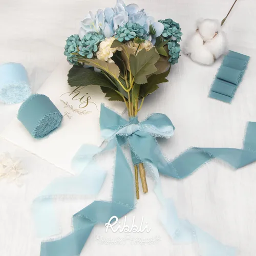 Miniatura 2 de Ribbli Cinta de Gasa Azul Marino Profundo de 1-1/2 pulgadas x 20 Yardas Cinta de Seda de Gasa con Flecos Hecha a Mano, Cinta Azul para Invitaciones