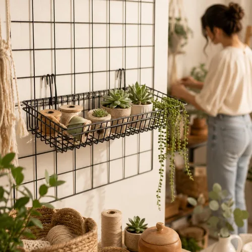 Miniatura 6 de ANZOME Paquete de 4 cestas de pared de rejilla y accesorios de rejilla – Contenedores de almacenamiento colgantes de malla de alambre de metal negro