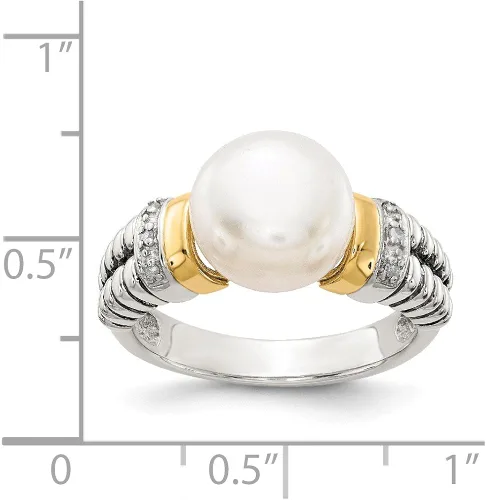 Miniatura 4 de Anillo de plata de ley 925 maciza con diamantes de oro amarillo de 14 k y perlas cultivadas de agua dulce (.03 cttw.)