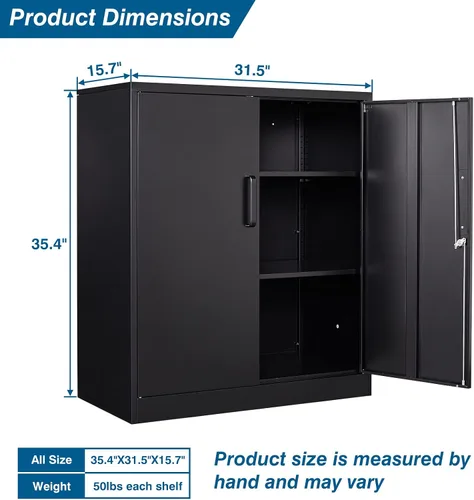 Miniatura 3 de PEUKC Armario de almacenamiento de metal con cerradura, gabinetes de almacenamiento pequeños de acero de 36 pulgadas, 2 estantes ajustables, 2 Negro