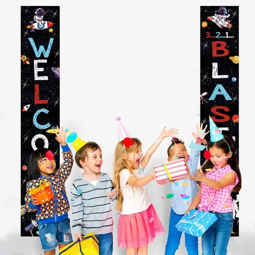 Miniatura 4 de Spaceship Welcome Blast Off Door Banner, cartel de porche y telón de fondo para fiesta de cumpleaños