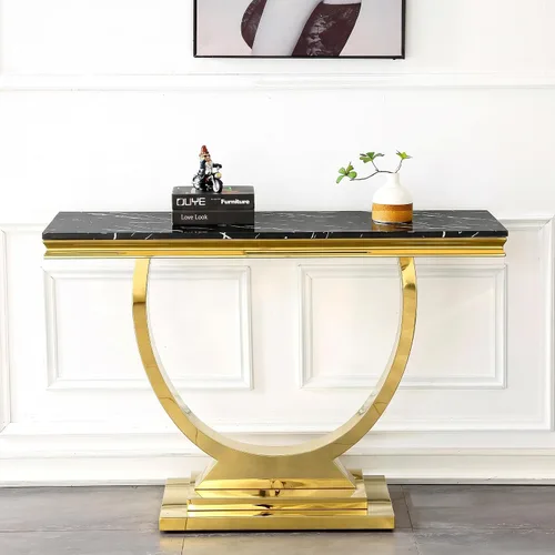 Miniatura 29 de Mesa de centro de mármol negro Henf de lujo, mesa auxiliar rectangular de mármol sintético de imitación con base de acero inoxidable dorado