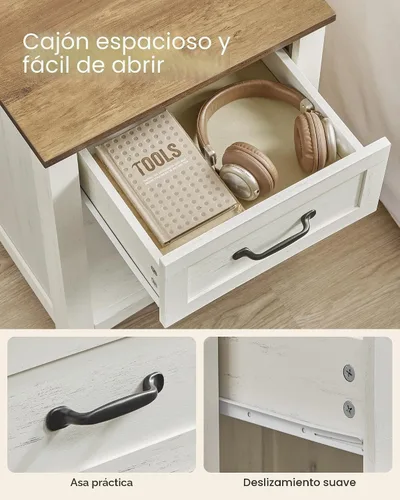 Miniatura 7 de VASAGLE Colección LIRY - Mesitas de noche de estilo granja con estación de carga, juego de 2 mesas de cabecera, mesas auxiliares con cajón, Blanco