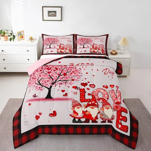 Miniatura 11 de Juego de edredón para el día de San Valentín, tamaño individual, ropa de cama romántica de gnomo para niños y niñas, pareja, con corazón rojo