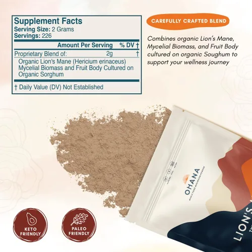 Miniatura 5 de Ohana Lion's Mane, mezcla de polvo de hongos orgánicos, suplemento orgánico de hongos integrales USDA, sin OMG, sin gluten, bolsa de 1 libra