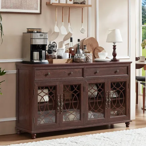 Miniatura 11 de Joaxswe Aparador de estilo rústico con almacenamiento, credenza grande de 59 pulgadas con 4 puertas de vidrio y 2 cajones, estantes ajustables, mesa