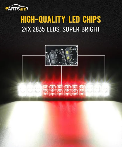 Miniatura 4 de Partsam Luz de freno trasera alta de montaje tercera con 12 LED rojos/blancos, lente ahumado, carcasa cromada, lámpara de carga impermeable