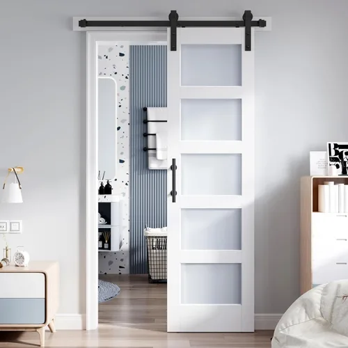 Miniatura 18 de Losa para puerta corrediza de granero de vidrio de 28 x 84 pulgadas y kit de herrajes de 5 pies incluido, 5 vidrios esmerilados, panel de madera LVL