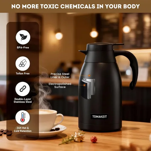 Miniatura 5 de TOMAKEIT Jarra térmica de café de 2L/68 onzas, doble pared al vacío de acero inoxidable 304, termo aislado de acero inoxidable, 24 horas mantiene