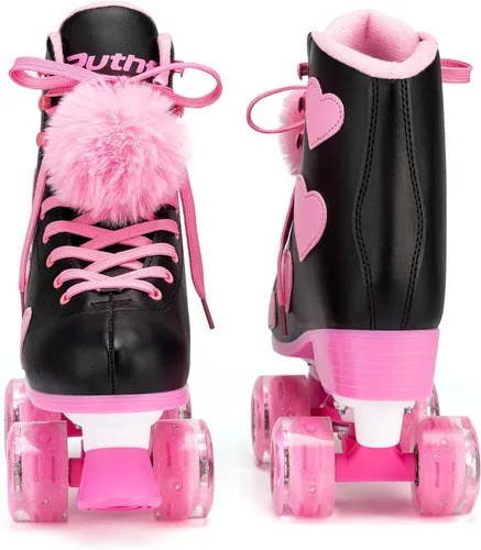 Miniatura 8 de Ruthfot Patines clásicos para mujeres y niñas con ruedas iluminadas y patrón de corazón de amor, patines de cuero PU de caña alta.. Negro