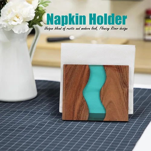 Miniatura 6 de Servilletero de madera de acacia y resina epoxi transparente para mesa, organización rústica de servilletas de granja para cocina, comedor