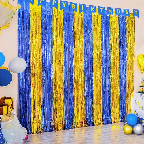 LOLStar Paquete de 2 decoraciones de fiesta azul marino y dorado, cortinas de flecos de aluminio de 3.3 x 6.6 pies, telón de fondo de oropel,