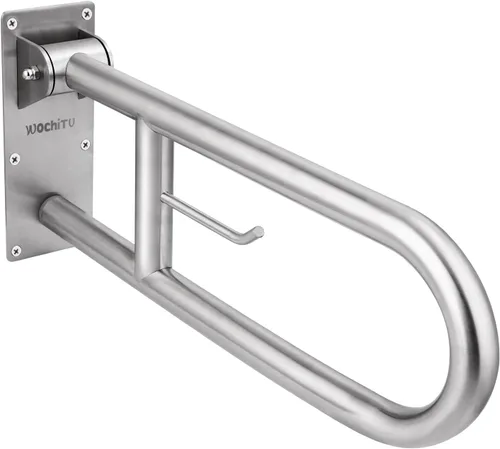 Miniatura 9 de Rieles de seguridad de inodoro de acero inoxidable de 29.5 pulgadas, barra de agarre abatible para baño para discapacitados con portapapeles