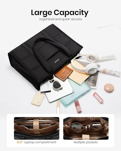 Miniatura 4 de LOVEVOOK Bolsa para laptop para mujer, bolsa de mano acolchada para el trabajo, maletín grande de computadora de 15.6 pulgadas para profesores, Beige