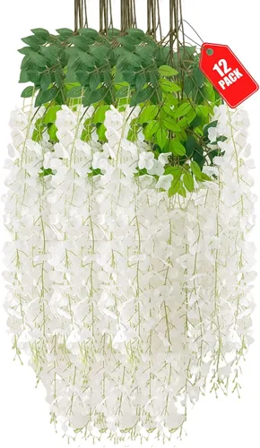 Miniatura 10 de Paquete de 12 flores colgantes de glicina rosa, flores colgantes falsas de 3.44 pies, guirnalda de glicina artificial para decoración de boda, telón