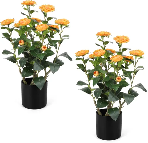 Romantic Season 2FT Orange Artificial Camellia Tree 2Pack, Faux Camellia Plant Fake Potted Camellia Flower Tree for Modern Home Office Living Room