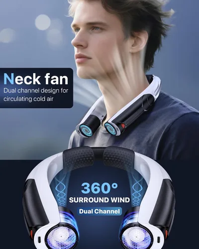 Miniatura 4 de AaoLin Ventilador de cuello portátil con batería de 6000 mAh, USB-C recargable, ventilador personal negro manos libres 6 velocidades, 6-20 horas